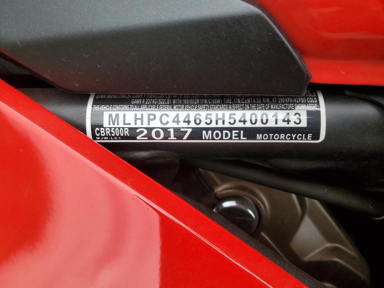 2017 Honda Cbr500 R VIN: MLHPC4465H5400143 Lot: 59555625