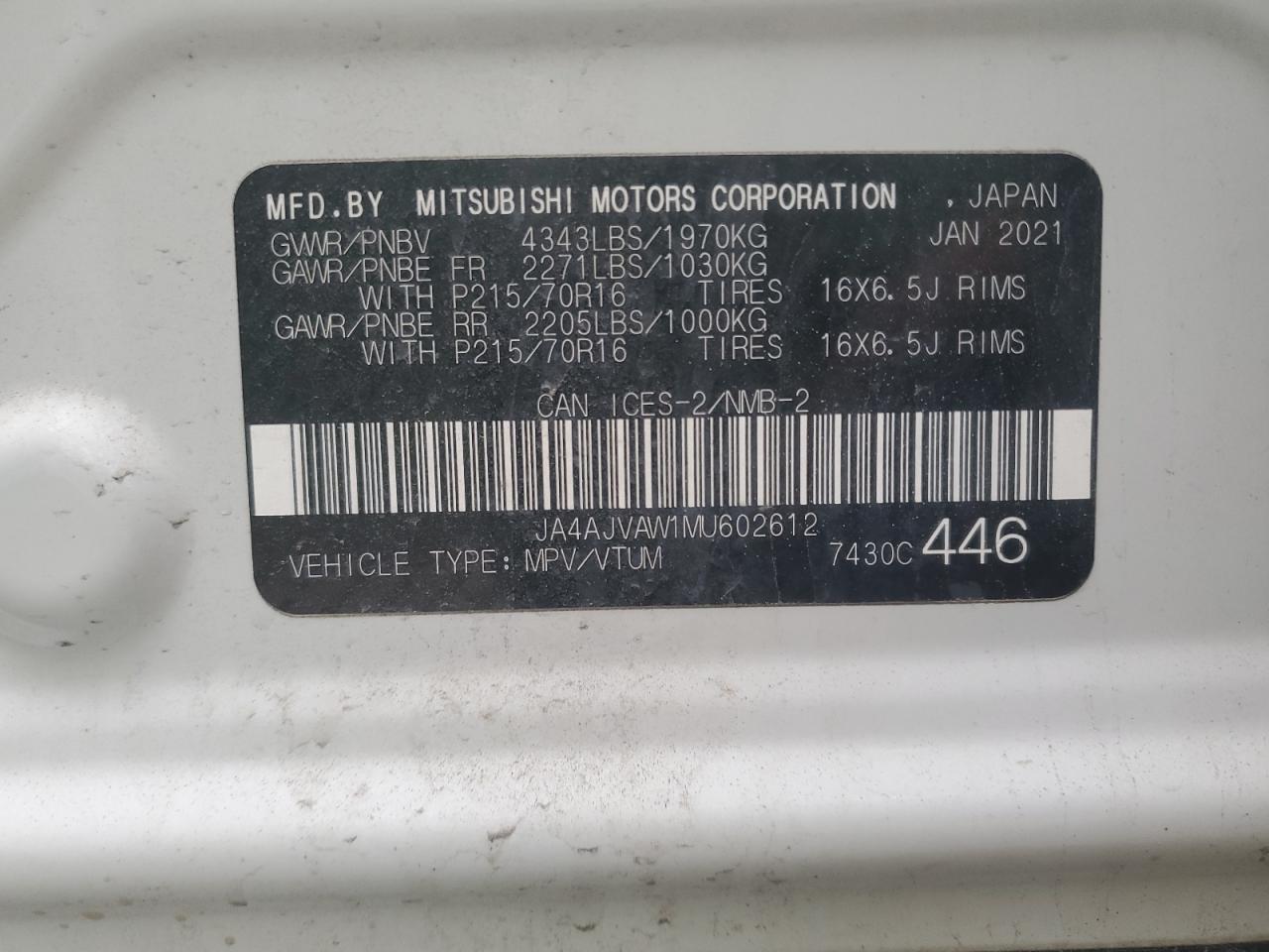 MITSUBISHI OUTLANDER 2021 VIN JA4AJVAW1MU602612 photo 14