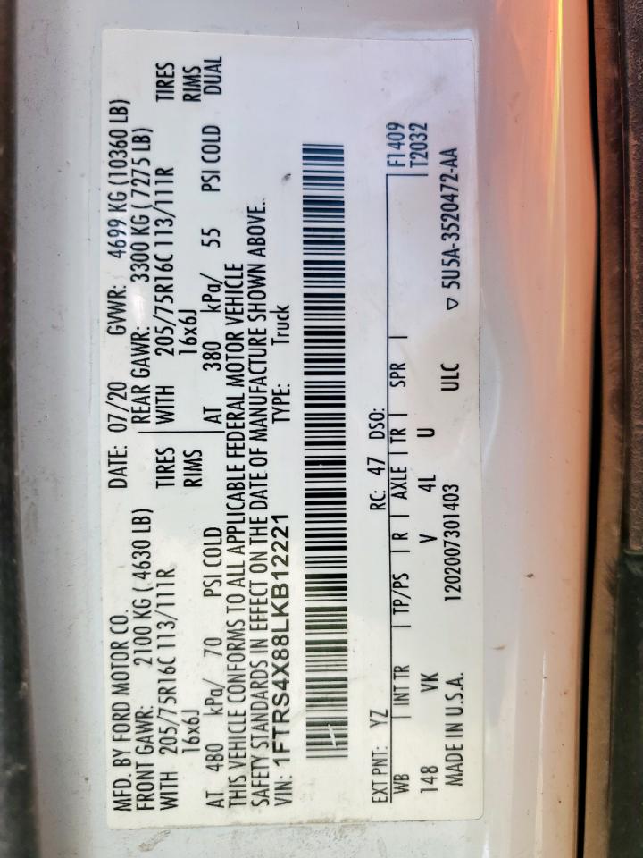 2020 Ford Transit T-350 Hd VIN: 1FTRS4X88LKB12221 Lot: 61998125