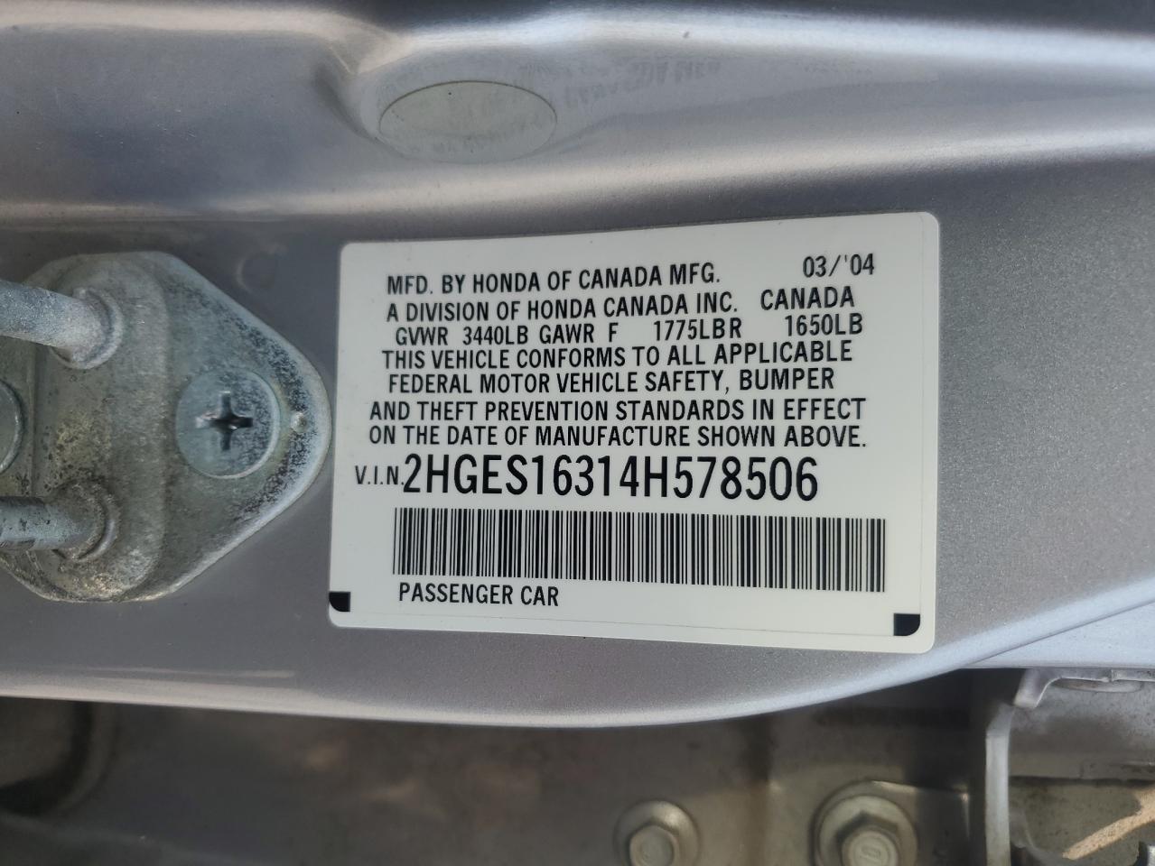 2004 Honda Civic Dx Vp VIN: 2HGES16314H578506 Lot: 60645545