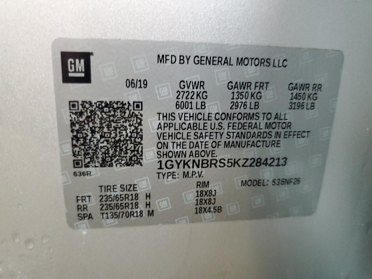 2019 Cadillac Xt5 VIN: 1GYKNBRS5KZ284213 Lot: 60851765