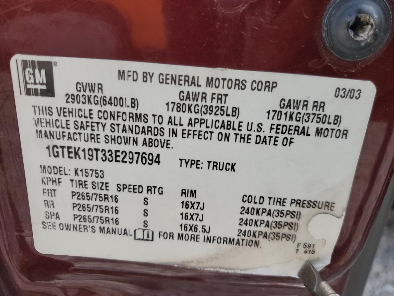 2003 GMC New Sierra K1500 VIN: 1GTEK19T33E297694 Lot: 60586605