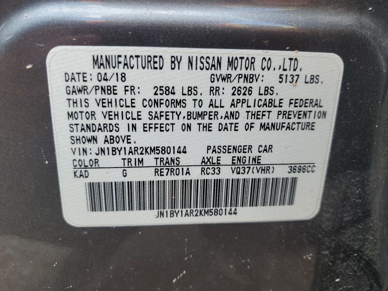 2019 Infiniti Q70 3.7 Luxe VIN: JN1BY1AR2KM580144 Lot: 62674805