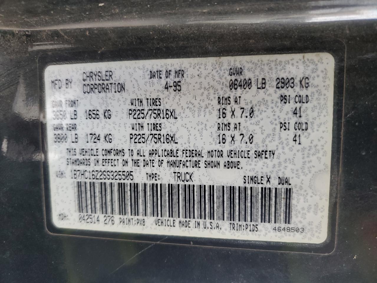 1995 Dodge Ram 1500 VIN: 1B7HC16Z2SS325505 Lot: 58252605