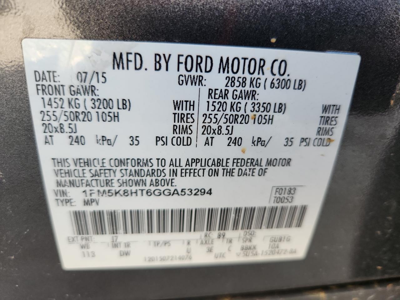 2016 Ford Explorer Platinum VIN: 1FM5K8HT6GGA53294 Lot: 62171665