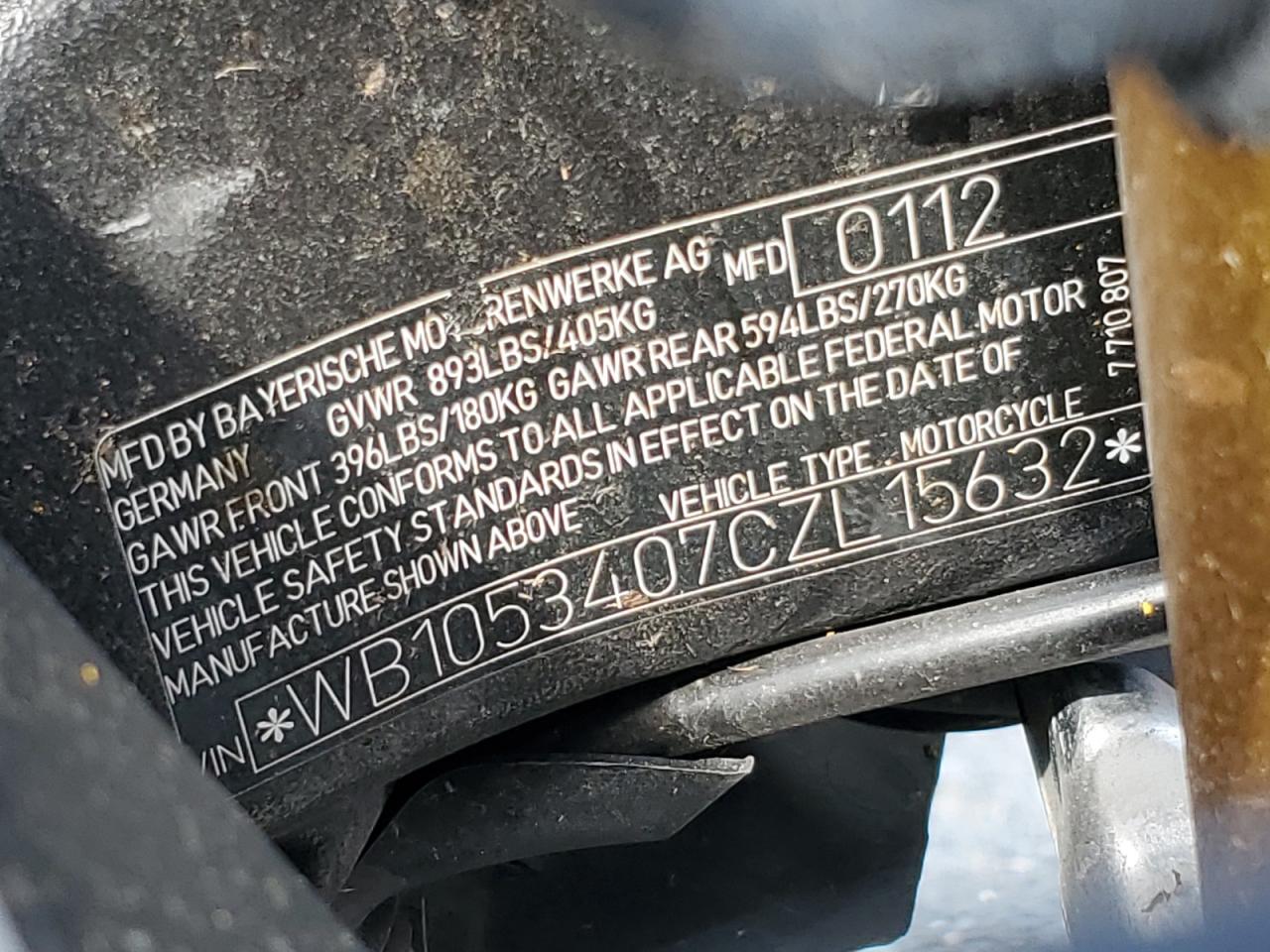 2012 BMW S 1000 Rr VIN: WB1053407CZL15632 Lot: 61841075