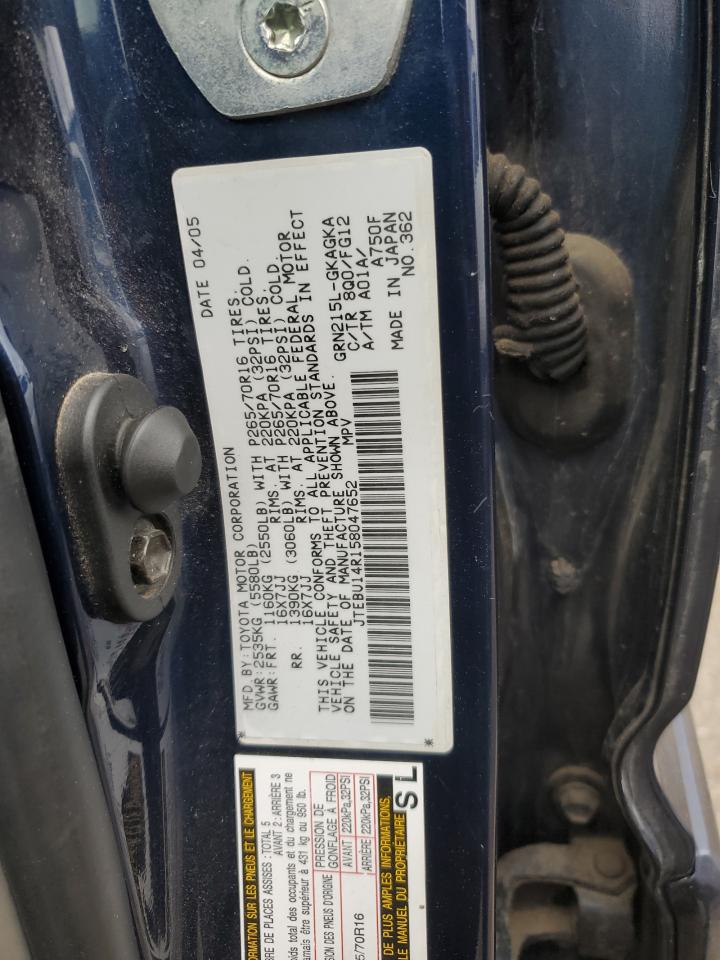 2005 Toyota 4Runner Sr5 VIN: JTEBU14R158047652 Lot: 62494535
