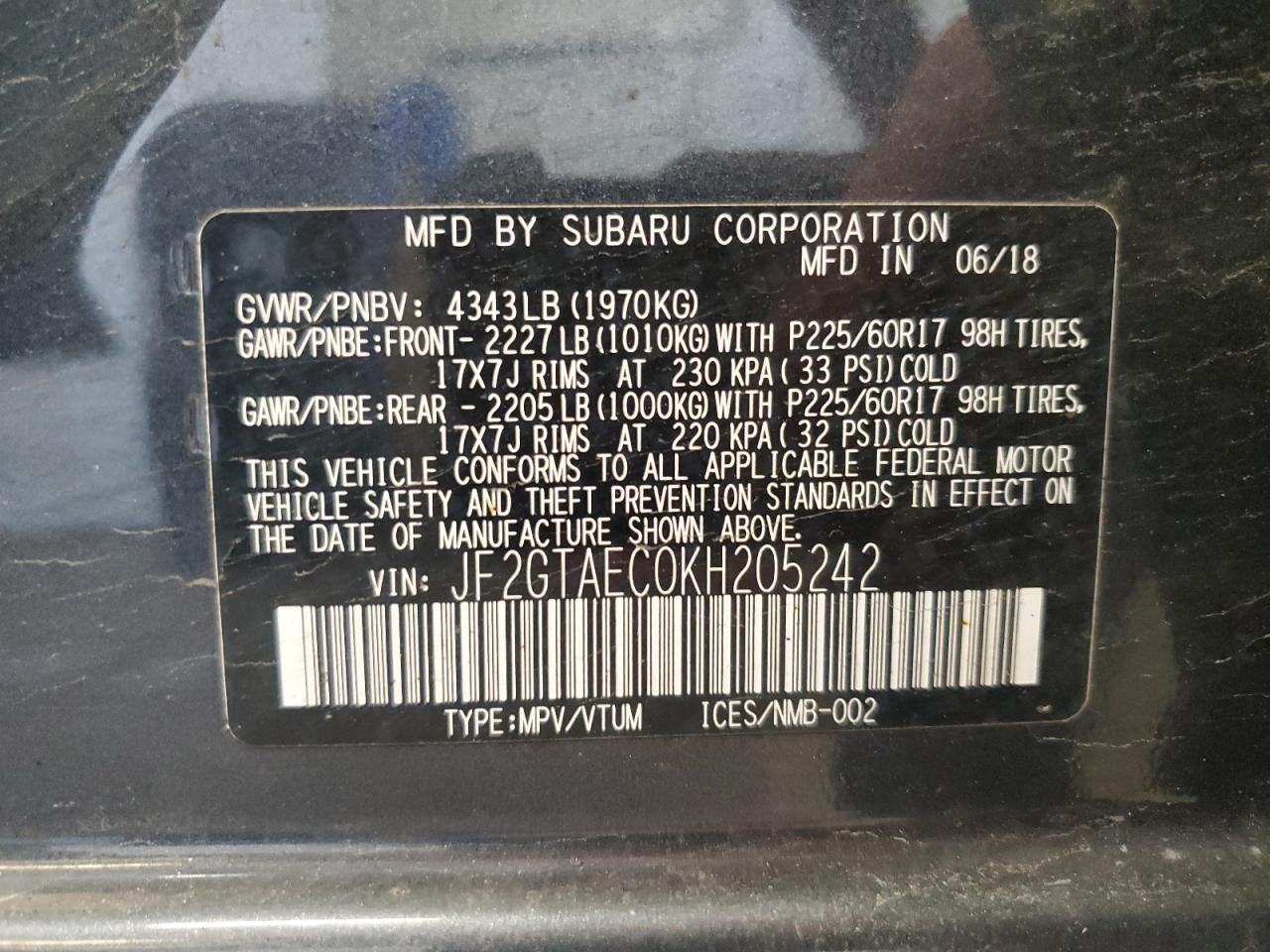 2019 Subaru Crosstrek Premium VIN: JF2GTAEC0KH205242 Lot: 62670095