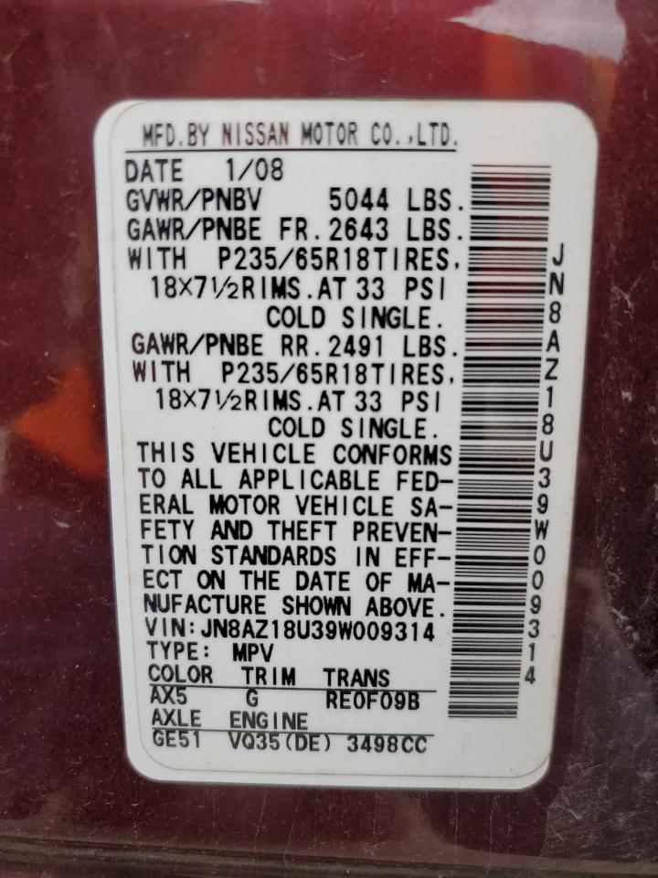 2009 Nissan Murano S VIN: JN8AZ18U39W009314 Lot: 59233465