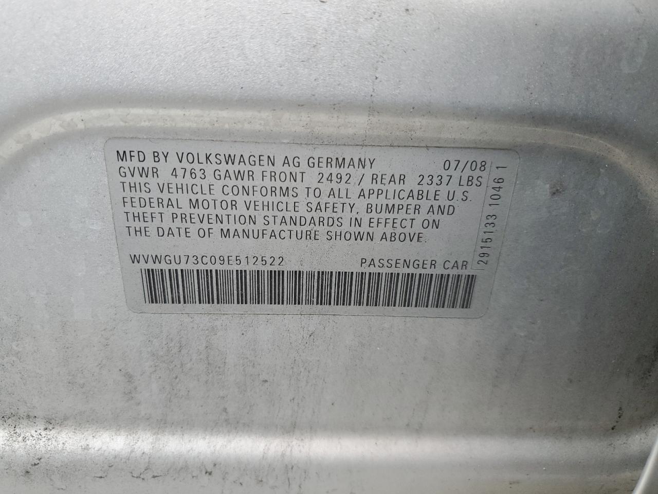 2009 Volkswagen Cc Vr6 4Motion VIN: WVWGU73C09E512522 Lot: 59892495