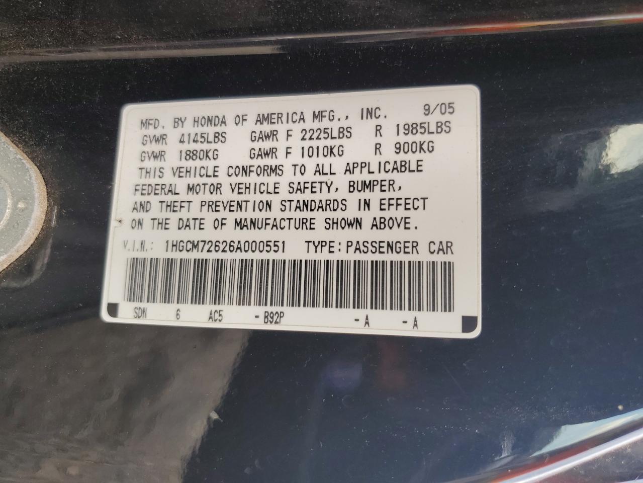 2006 Honda Accord Ex VIN: 1HGCM72626A000551 Lot: 62733935