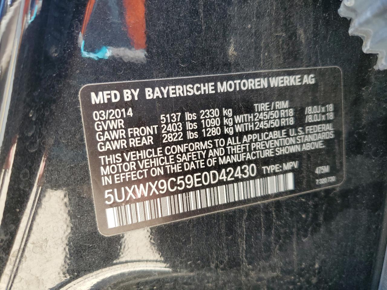 2014 BMW X3 xDrive28I VIN: 5UXWX9C59E0D42430 Lot: 62283095