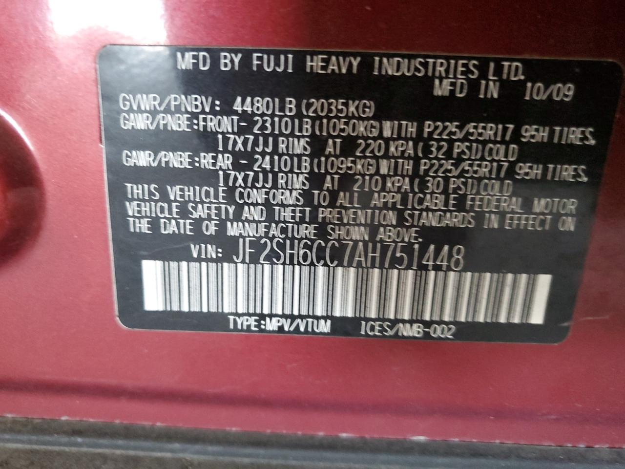 2010 Subaru Forester 2.5X Premium VIN: JF2SH6CC7AH751448 Lot: 62577015