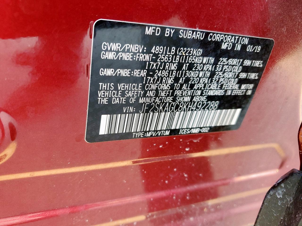 2019 Subaru Forester Premium VIN: JF2SKAGC8KH492288 Lot: 62366645
