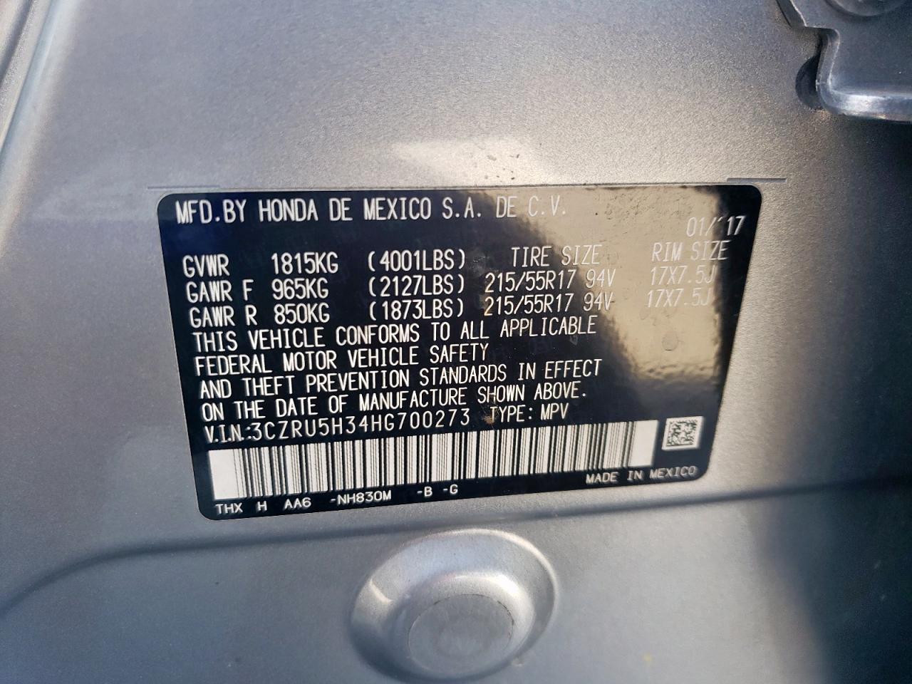 2017 Honda Hr-V Lx VIN: 3CZRU5H34HG700273 Lot: 63034045