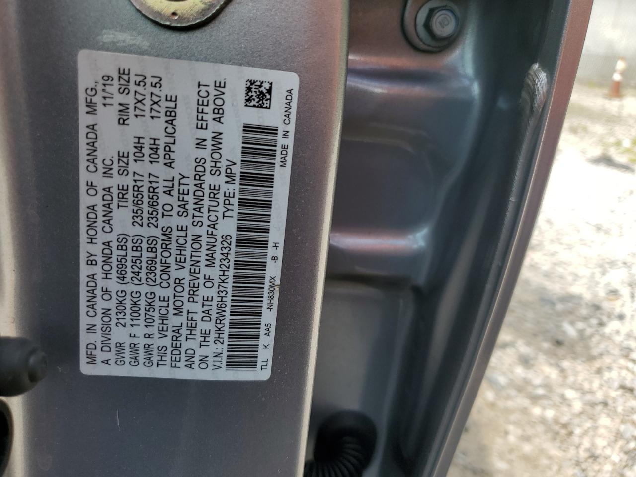 2019 Honda Cr-V Lx VIN: 2HKRW6H37KH234326 Lot: 62838635