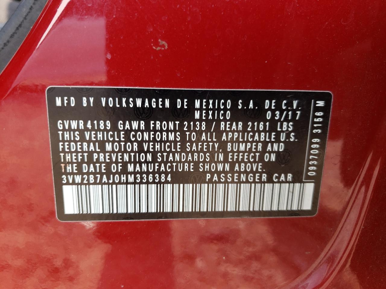 2017 Volkswagen Jetta S VIN: 3VW2B7AJ0HM336384 Lot: 60440885