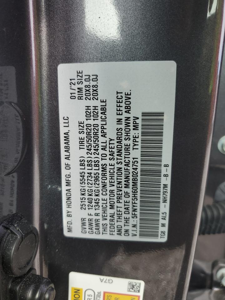 2021 Honda Pilot Touring VIN: 5FNYF5H60MB024751 Lot: 61202525