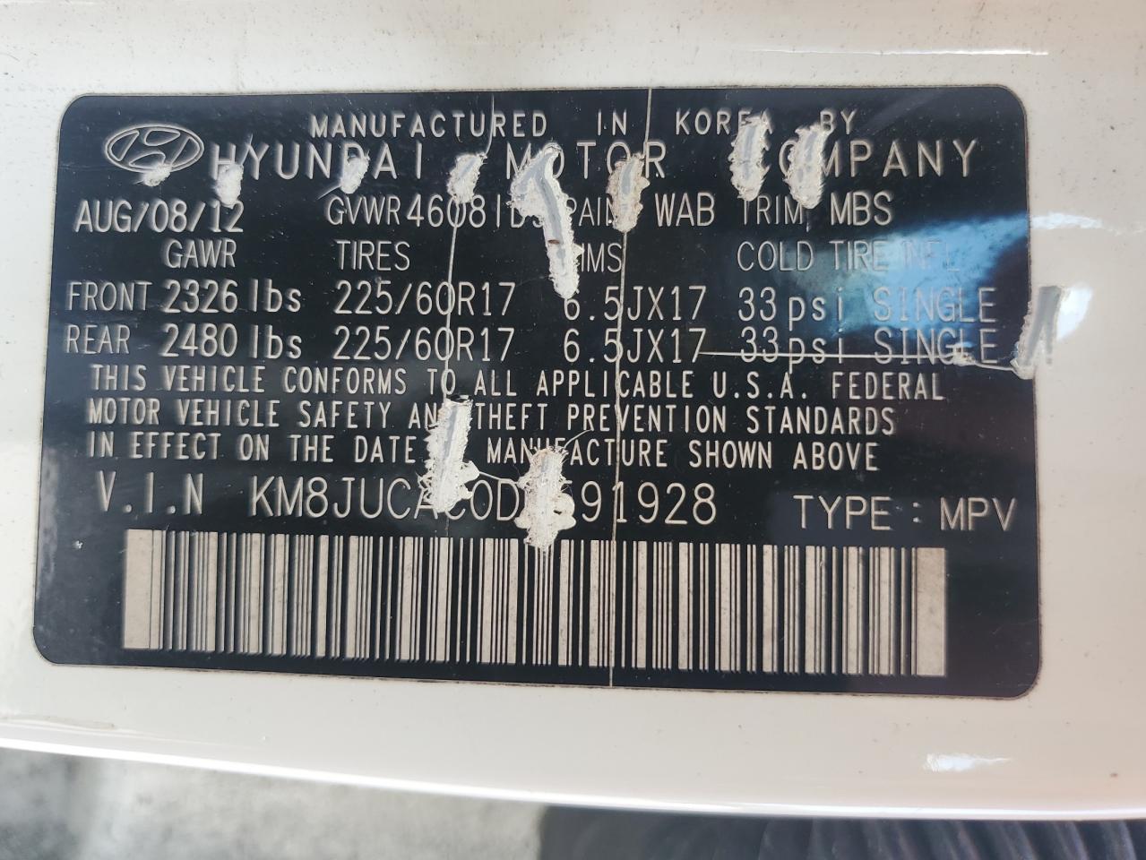 2013 Hyundai Tucson Gls VIN: KM8JUCAC0DU591928 Lot: 61987635