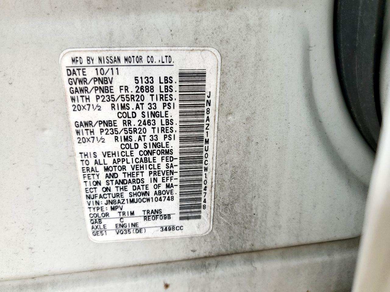 2022 Nissan Murano S VIN: JN8AZ1MU0CW104748 Lot: 63055535