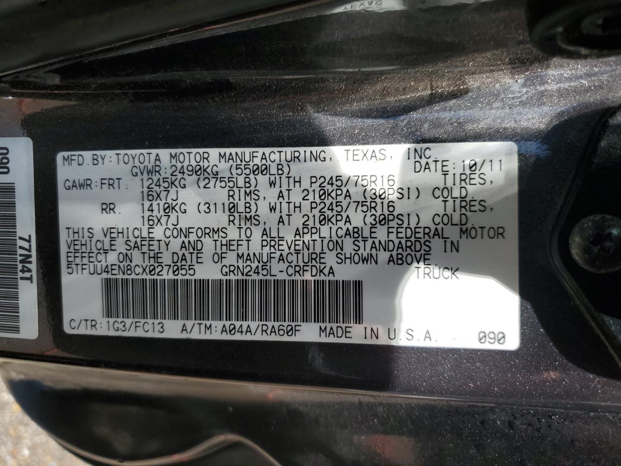 2012 Toyota Tacoma VIN: 5TFUU4EN8CX027055 Lot: 62673155