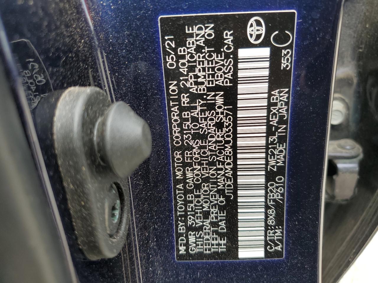 2021 Toyota Corolla Le VIN: JTDEAMDE8MJ033571 Lot: 61834215