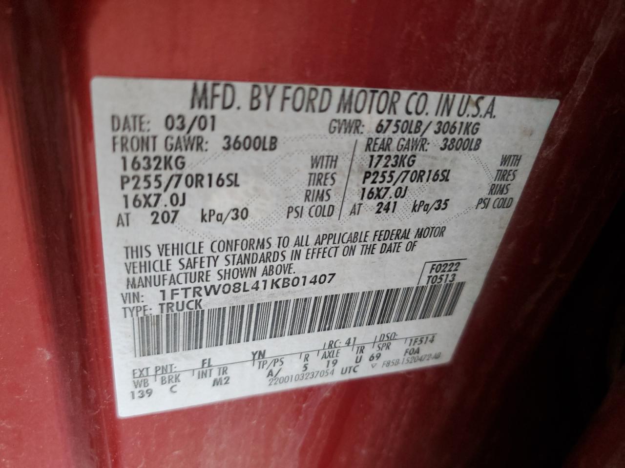 2001 Ford F150 Supercrew VIN: 1FTRW08L41KB01407 Lot: 59446555
