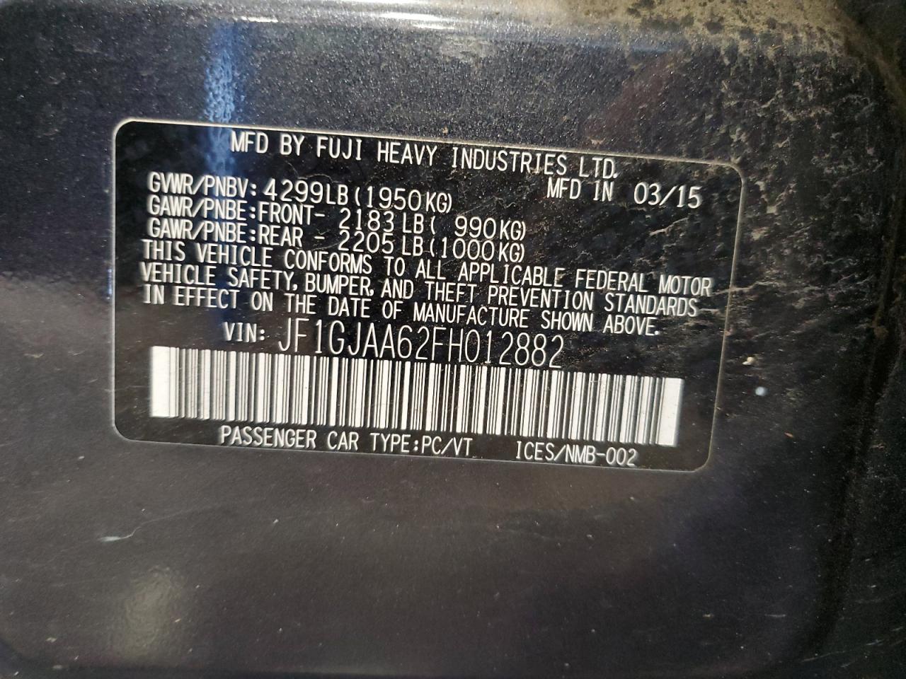 2015 Subaru Impreza VIN: JF1GJAA62FH012882 Lot: 59578425