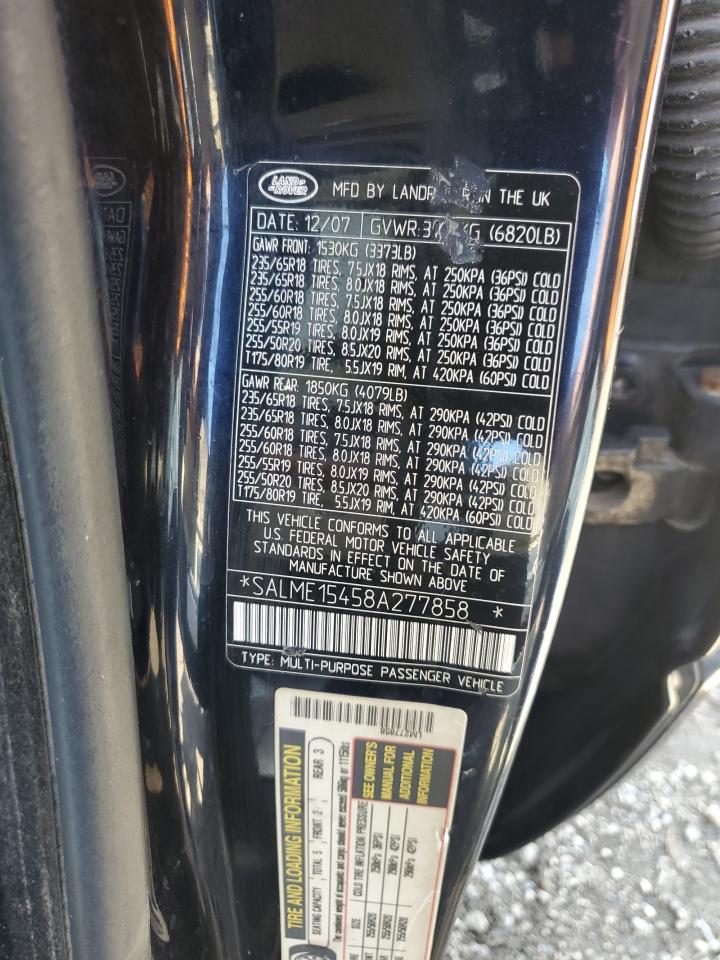 2008 Land Rover Range Rover Hse VIN: SALME15458A277858 Lot: 62489845