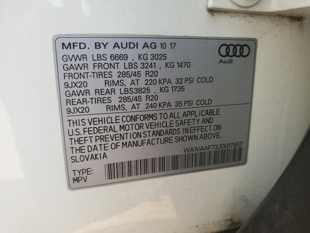 2018 Audi Q7 Prestige VIN: WA1VAAF73JD017957 Lot: 62166415