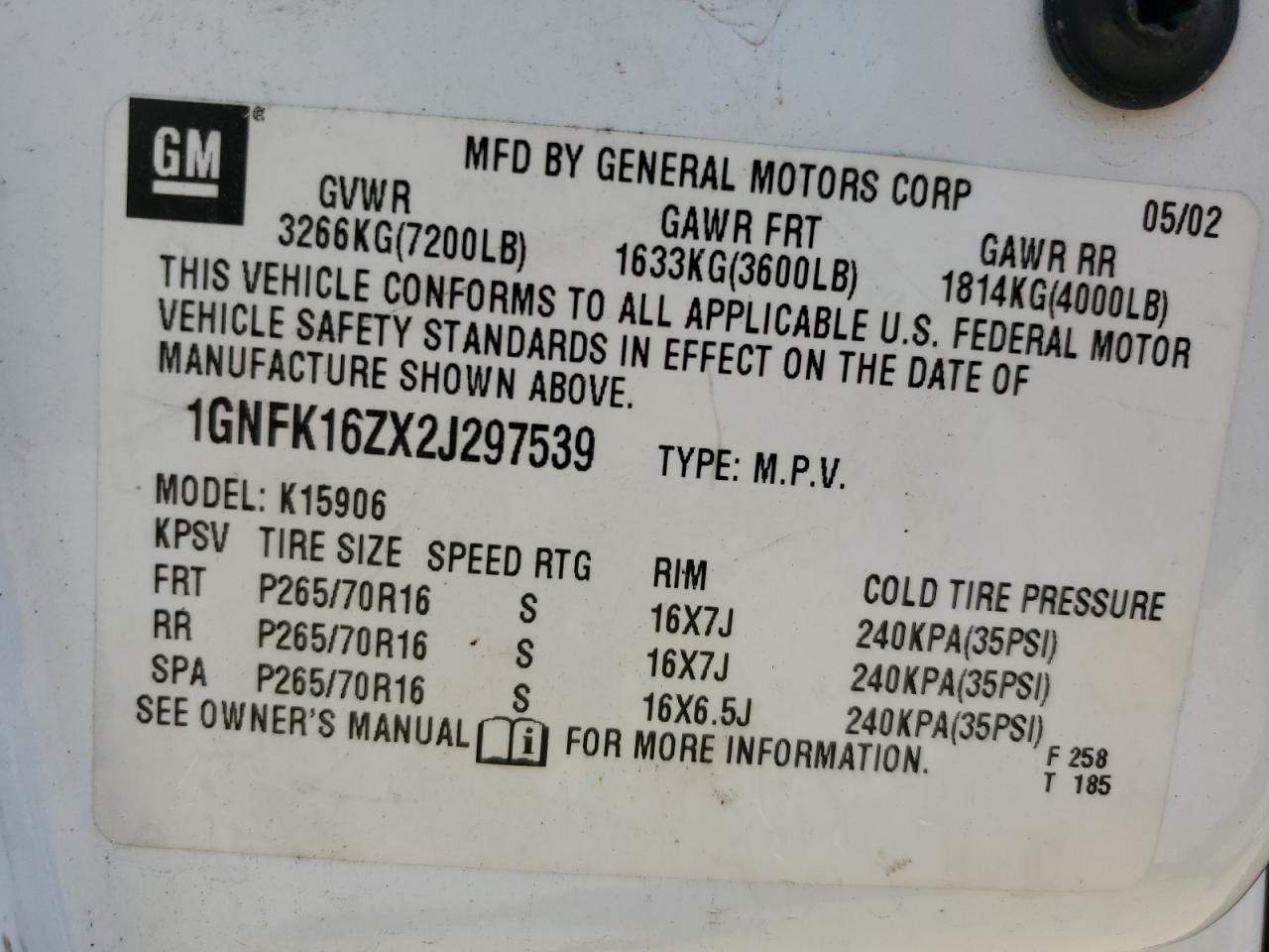 2002 Chevrolet Suburban K1500 VIN: 1GNFK16ZX2J297539 Lot: 62850715