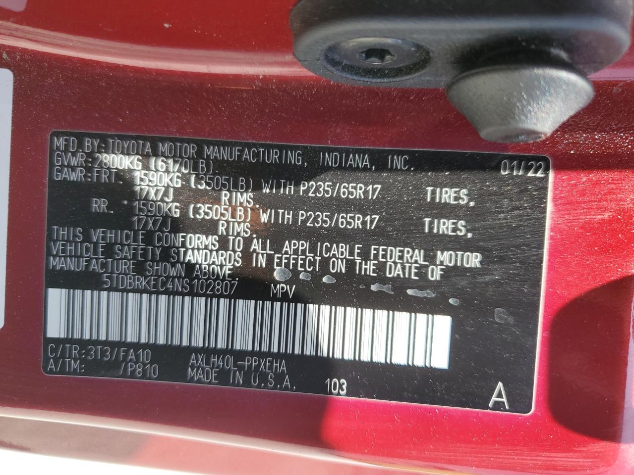 2022 Toyota Sienna Le VIN: 5TDBRKEC4NS102807 Lot: 62036025