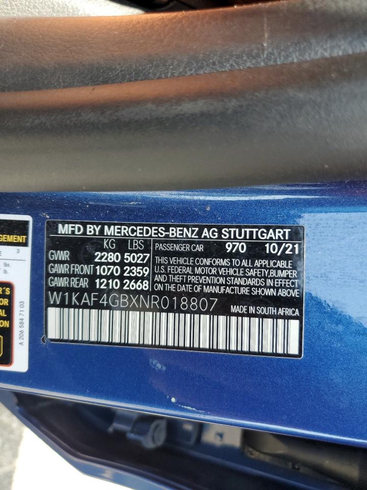 2022 Mercedes-Benz C 300 VIN: W1KAF4GBXNR018807 Lot: 59227965