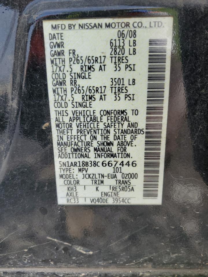 2008 Nissan Pathfinder S VIN: 5N1AR18B38C667446 Lot: 60238205