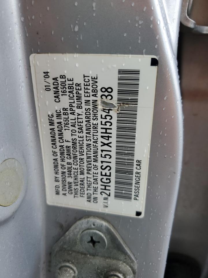 2004 Honda Civic Dx VIN: 2HGES151X4H554138 Lot: 61329465