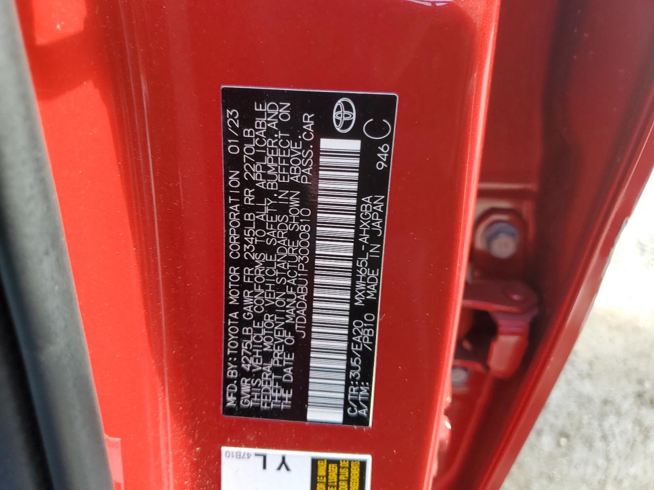 2023 Toyota Prius Le VIN: JTDADABU1P3000810 Lot: 62572075
