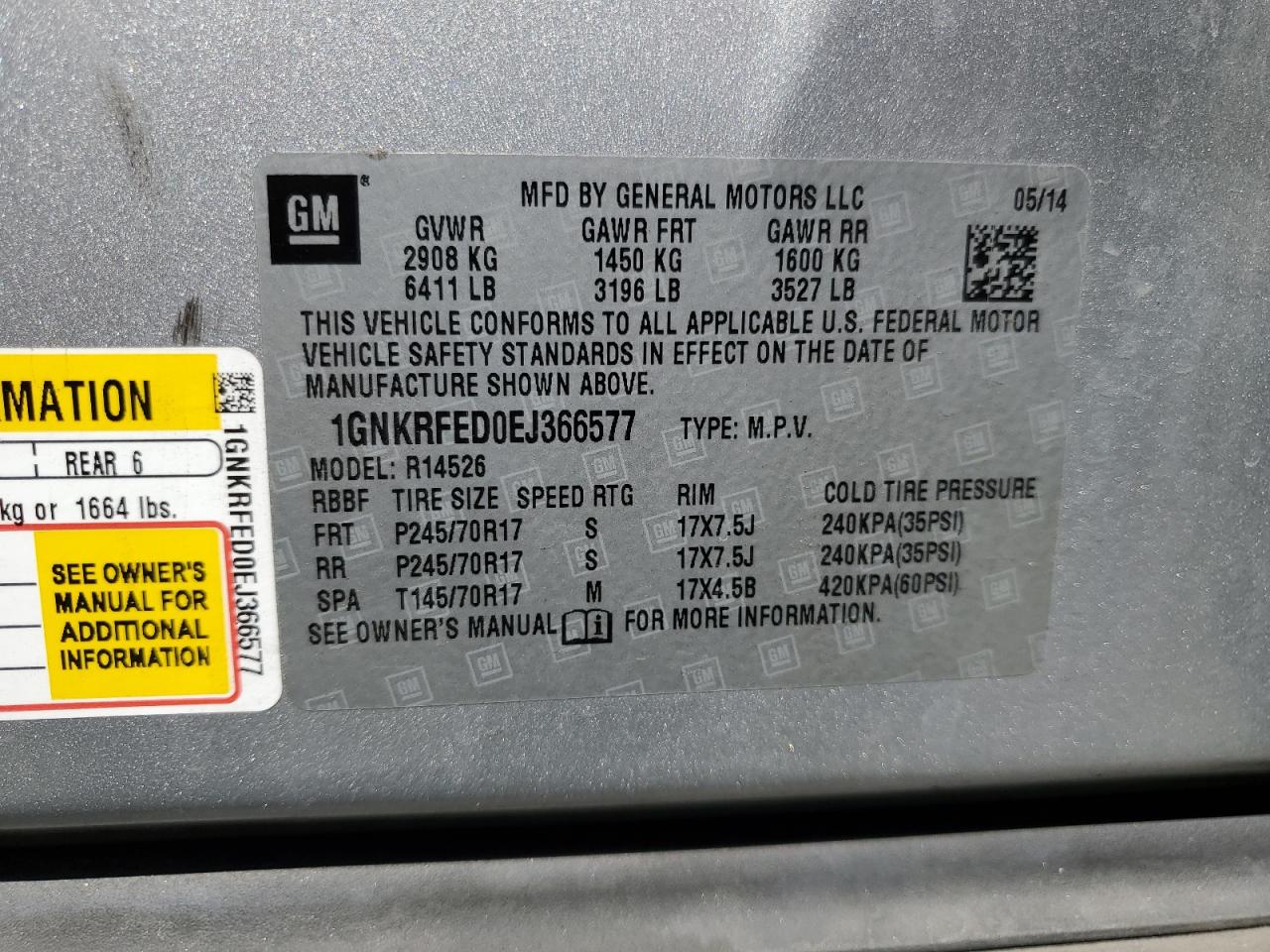 2014 Chevrolet Traverse Ls VIN: 1GNKRFED0EJ366577 Lot: 63102565