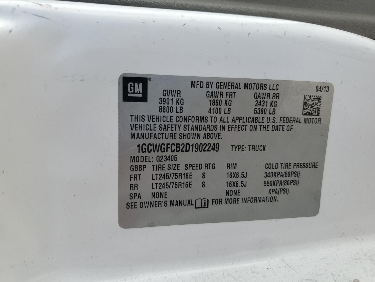 2013 Chevrolet Express G2500 VIN: 1GCWGFCB2D1902249 Lot: 61048955