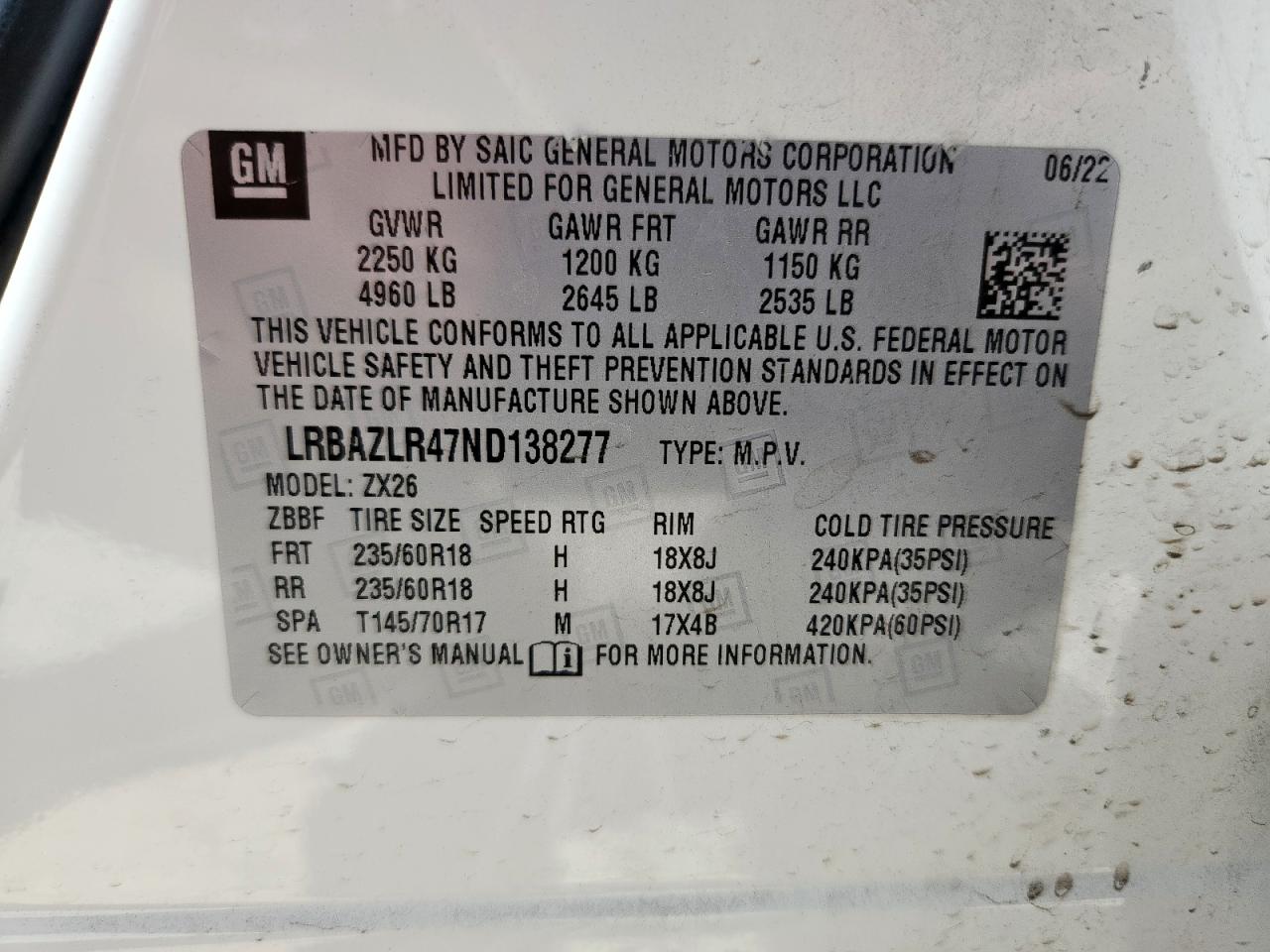 2022 Buick Envision Preferred VIN: LRBAZLR47ND138277 Lot: 62284895