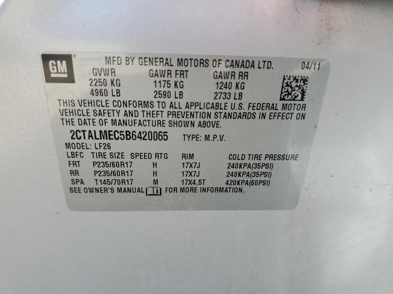 2011 GMC Terrain Sle VIN: 2CTALMEC5B6420065 Lot: 60740825