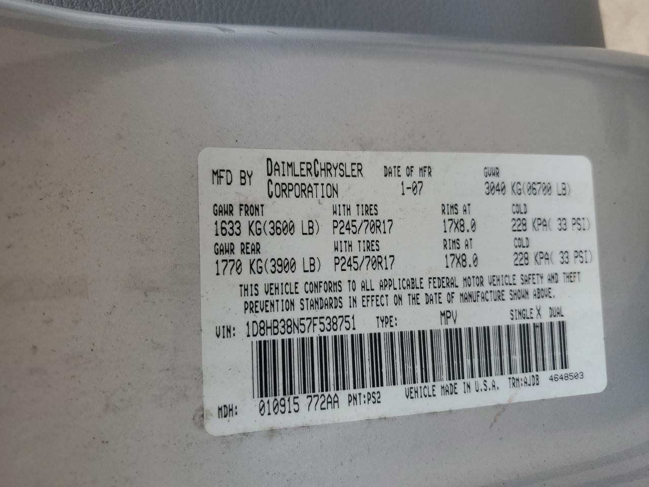 2007 Dodge Durango Sxt VIN: 1D8HB38N57F538751 Lot: 61008345