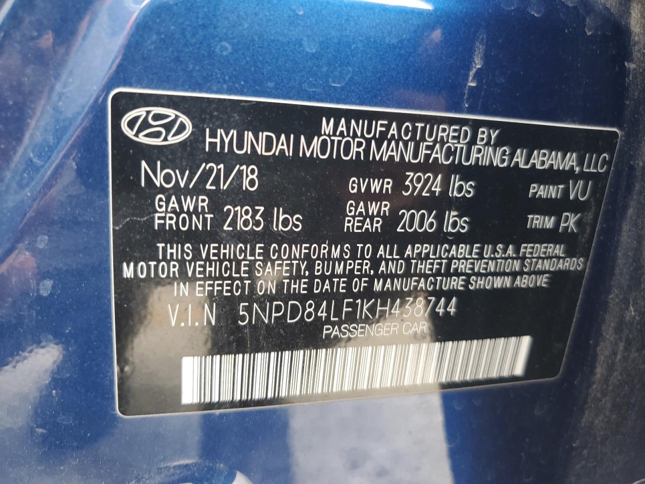 2019 Hyundai Elantra Sel VIN: 5NPD84LF1KH438744 Lot: 62524845