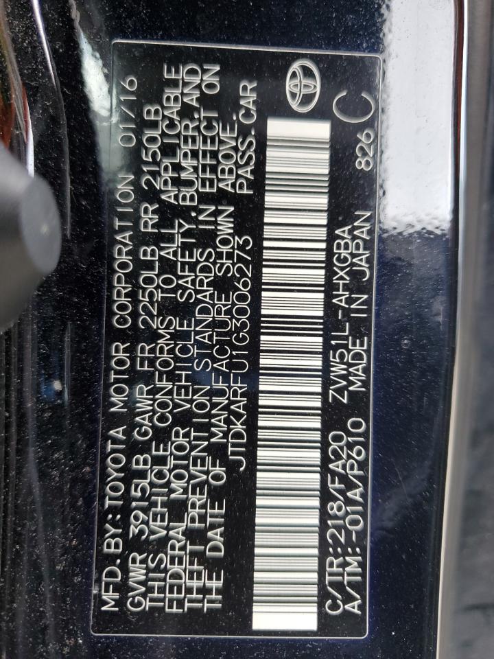 2016 Toyota Prius VIN: JTDKARFU1G3006273 Lot: 62638095
