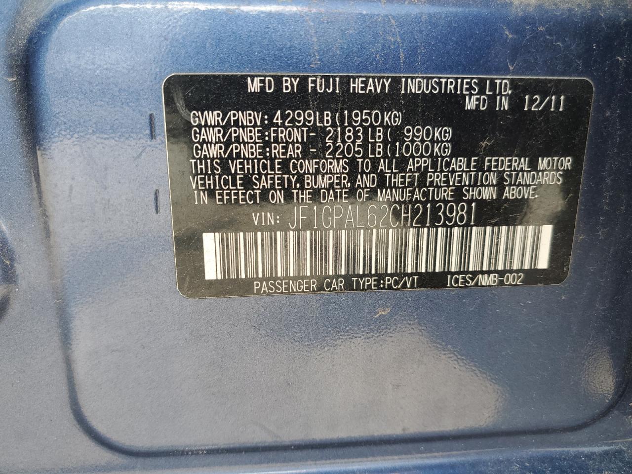 2012 Subaru Impreza Sport Premium VIN: JF1GPAL62CH213981 Lot: 60202385
