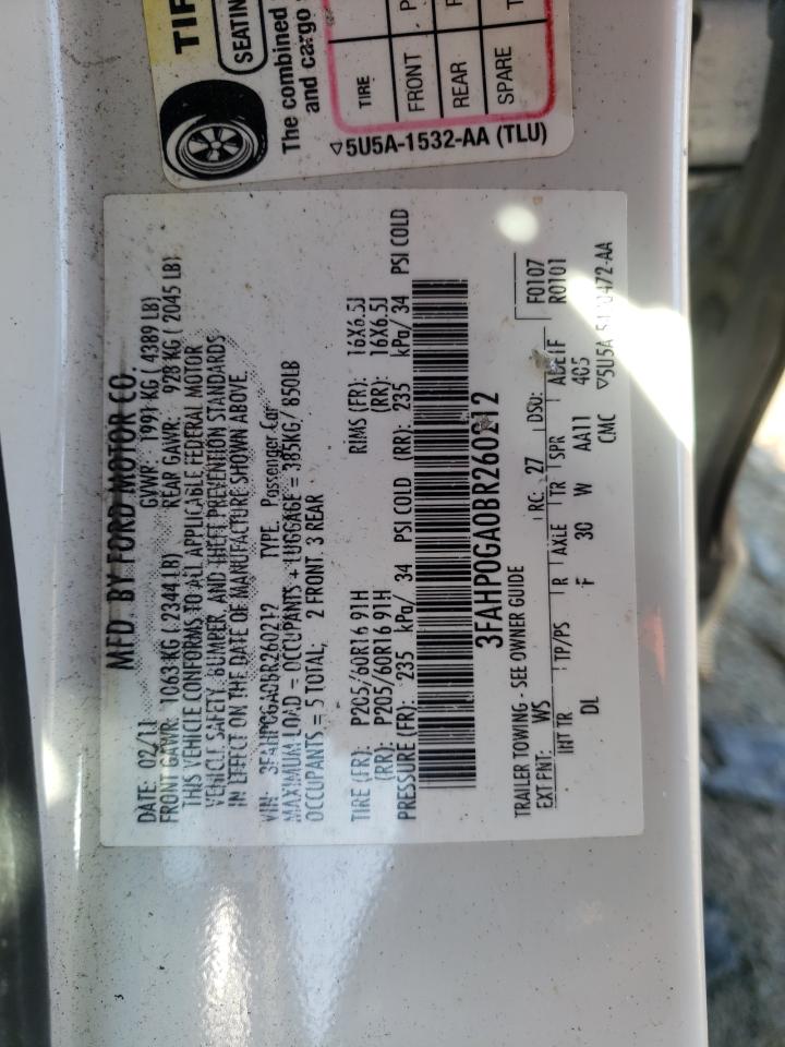 2011 Ford Fusion S VIN: 3FAHP0GA0BR260212 Lot: 61933865