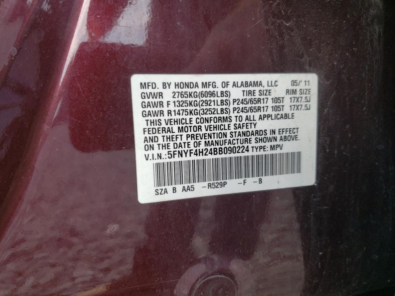 2011 Honda Pilot Lx VIN: 5FNYF4H24BB090224 Lot: 62378855