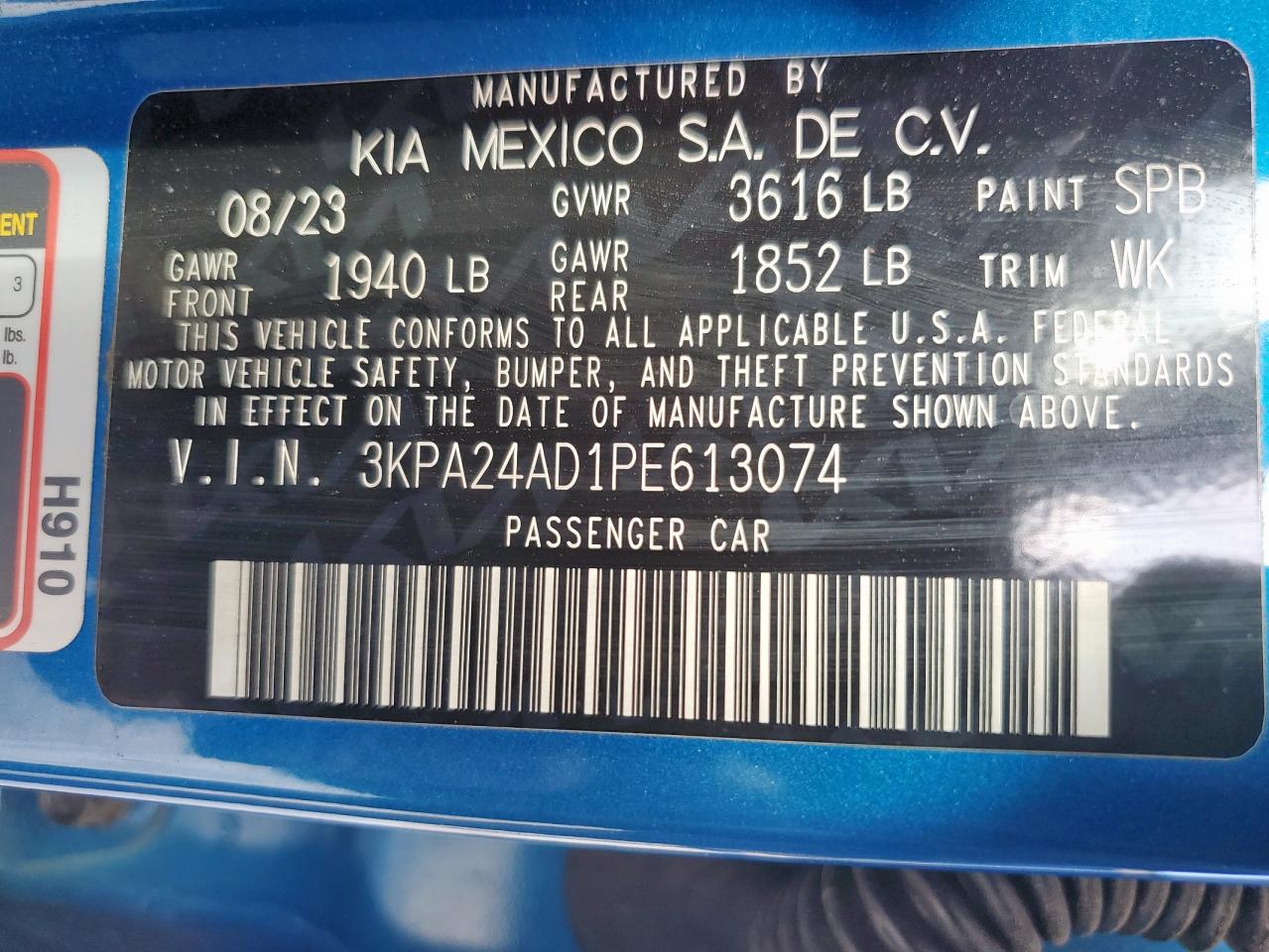 2023 Kia Rio Lx VIN: 3KPA24AD1PE613074 Lot: 62406405