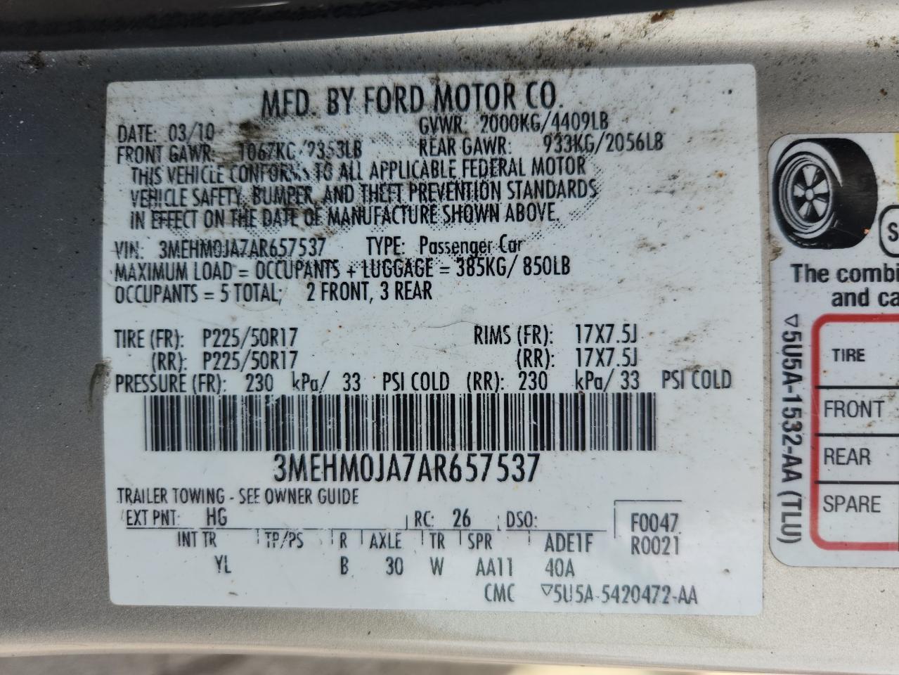 2010 Mercury Milan Premier VIN: 3MEHM0JA7AR657537 Lot: 61651785