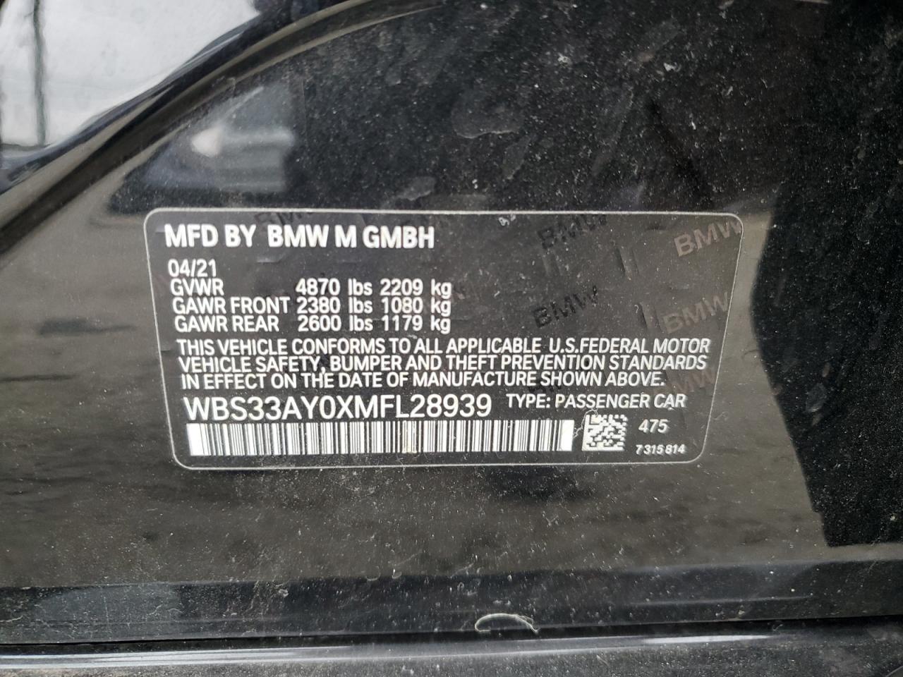 2021 BMW M3 Competition VIN: WBS33AY0XMFL28939 Lot: 59543845
