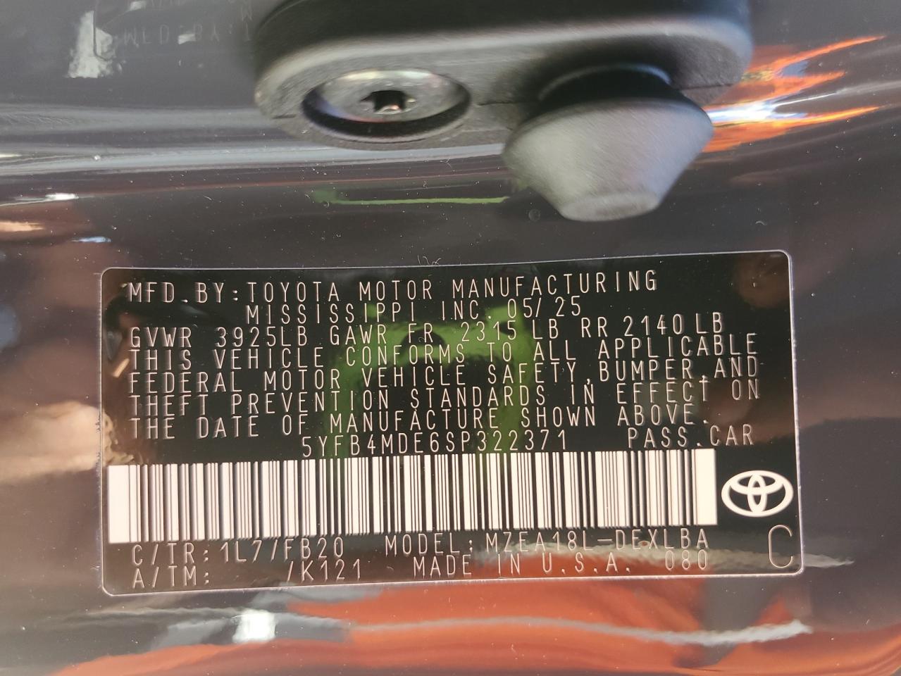 2025 Toyota Corolla Le VIN: 5YFB4MDE6SP322371 Lot: 61467635